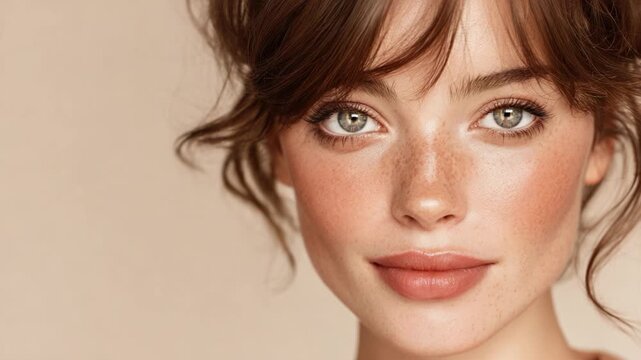 Close-up of a Young Woman with Natural Makeup and Freckles, Capturing Radiant Skin and Expressive Eyes, Set Against a Soft Neutral Background