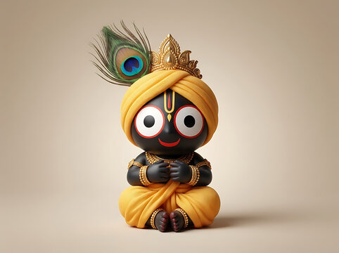 Cute 3d illustration of baby lord jagannath wearing yellow dhoti and turban with peacock feather sitting with hands folded in prayer on simple beige background