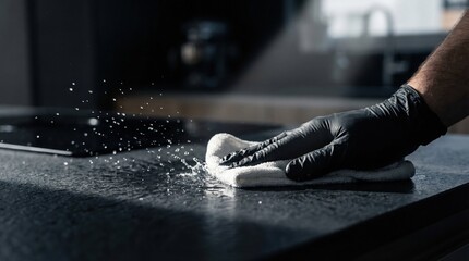 A hand in a black protective glove cleans a wet kitchen countertop with a white cloth.