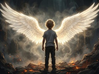 An innocent child angel with glowing wings overlooks a landscape of fiery destruction and ruins.