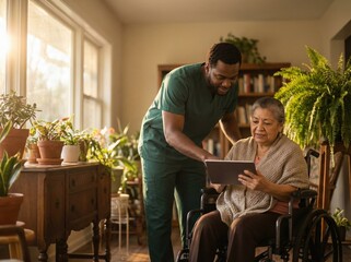 Caregiver helps a senior woman in a wheelchair use a digital tablet at home.