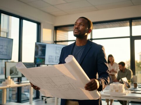 Visionary architect holding blueprints and planning a new project in a modern sunlit office.