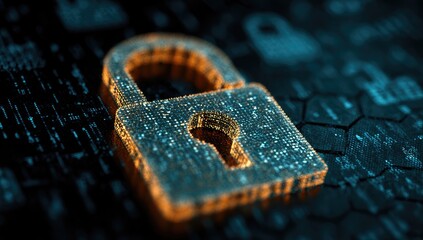 Glowing digital padlock with blurred blue background. Data protection and cyber security concept