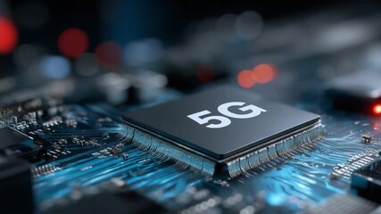 Exploring the Future of Connectivity: A Close-Up Look at a Cutting-Edge 5G Chip on a High-Tech Circuit Board with Intricate Details and Modern Design - Powered by Adobe