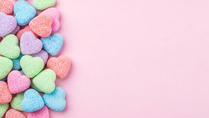 Obraz premium Heap Of Pastel Sugar-Coated Heart Gummy Candies On A Soft Pink Background, Perfect For Valentine's Day Or Romance.
