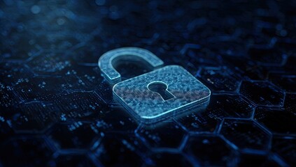 Glowing digital padlock icon set against a hexagonal circuit board background