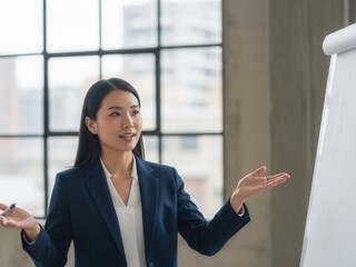 Confident Asian Businesswoman Presenting with Hand Gestures and Pen in Modern Office Meeting, Explaining Ideas Professionally.