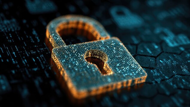 Glowing digital padlock with blurred blue background. Data protection and cyber security concept - Powered by Adobe