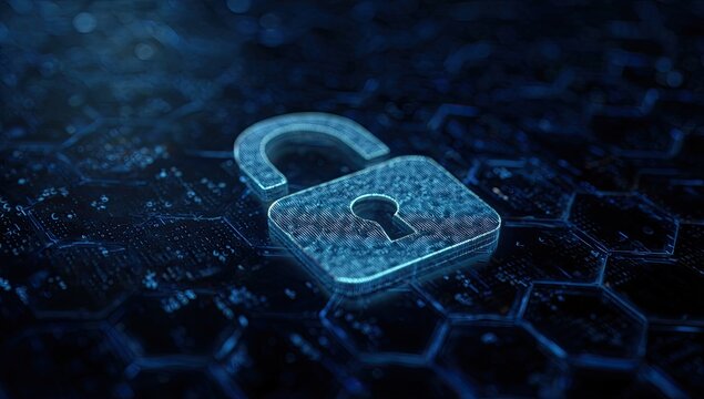 Glowing digital padlock icon set against a hexagonal circuit board background - Powered by Adobe