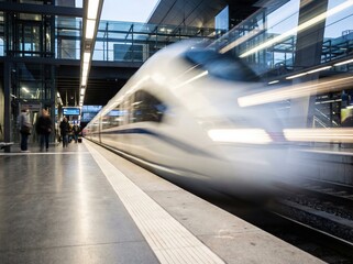 High-speed train in motion blur at a modern railway station platform.