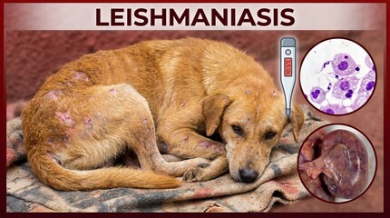 Leishmaniasis disease in a dog, symptoms, microscopic view of parasites, and skin lesions, with a thermometer showing fever with sick and animal