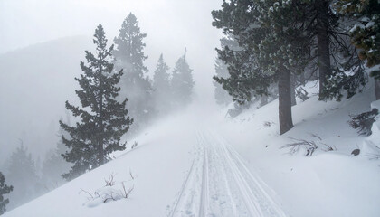 Dramatic blizzard sweeping across narrow mountain trail, tall pine trees bending under powerful winds