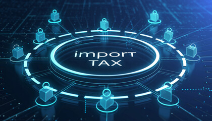 Financial Blueprint: An innovative digital depiction of 'import tax,' symbolized by secure data points interconnected in a technological web.