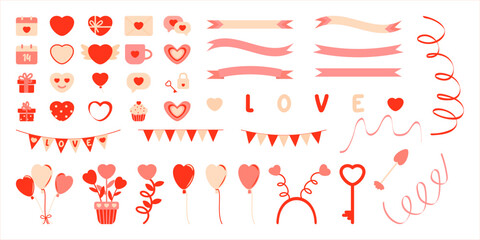 Vector set of romantic icons in soft red pink, beige colors featuring hearts, ribbons, heart balloons, envelopes, cup, gift boxes Valentine's icons collection