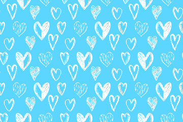 Seamless vector pattern featuring hand drawn white hearts on a soft blue background. Romantic, playful design ideal for textiles, wrapping paper, stationery, wallpapers, and prints.