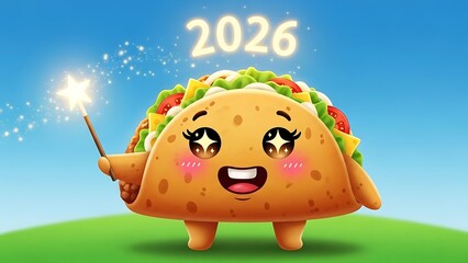 A cheerful taco character celebrates on a green hill with a sparkler.