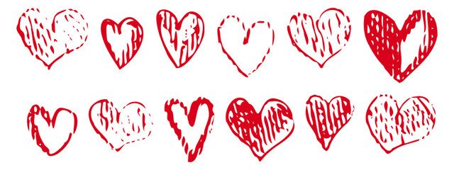Vector collection of hand drawn red heart shapes. Minimal romantic doodle elements ideal for love designs, cards, posters, branding, tattoos, prints, and modern graphics. Valentines icons collection