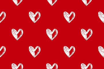 Seamless vector pattern featuring hand drawn white hearts on red background. Romantic, playful design ideal for textiles, wrapping paper, stationery, wallpapers, prints. Valentine's Day design
