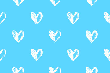 Seamless vector pattern featuring hand drawn white hearts on soft blue background. Romantic, playful design ideal for textiles, wrapping paper, stationery, wallpapers, prints. Valentine's Day design