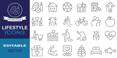 Lifestyle icon set. Daily routine, healthy food, branding, nutrition, entertainment, gym, mental health, and more. Set of 24 line icons related to healthy lifestyle. Editable stroke.
