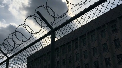High Security Fence with Razor Wire and Barbed Wire in Front of a Building under Stormy Sky