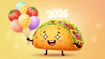 A smiling taco character holding colorful balloons with strawberries and fruits on a vibrant yellow background in 2026.