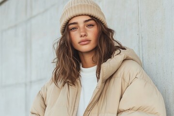 Trendy winter fashion with oversized puffer jacket and cozy beanie