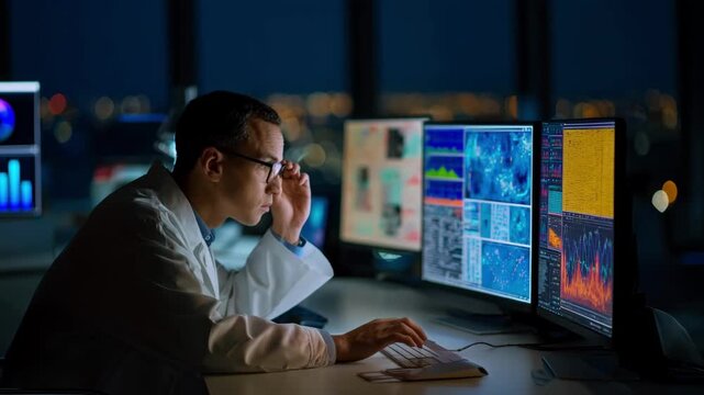 Financial analyst interpreting complex data visualizations from AIenhanced models to predict market fluctuations with precision.
