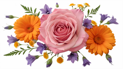 Vibrant mixed flowers, floral layout from with roses, delphinium, and marigolds on transparent background.
