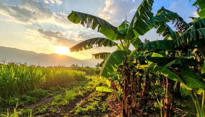 Lush Tropical Landscape at Sunset - Banana Trees and Golden Light.