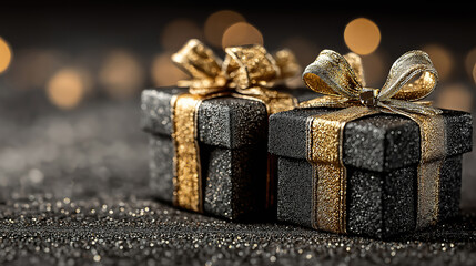 Social media marketing banner with black gift boxes golden bows for Christmas and big sales