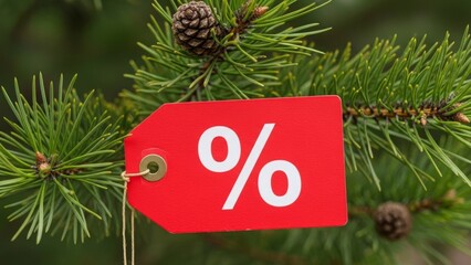 Red Sale Tag with Percentage Symbol on Pine Tree Branch (643) stock