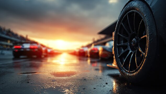 Close-up of a racing car's wheel with blurred race cars in the background at sunset