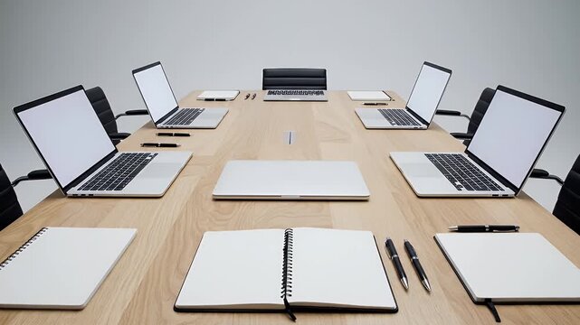 Modern conference room table setup with laptops notebooks and pens ready for a productive business meeting or collaborative project planning session