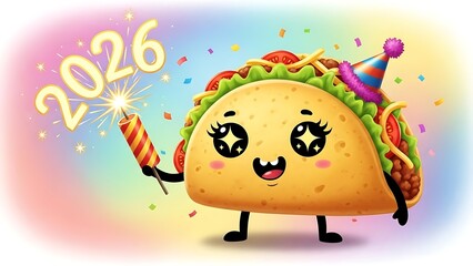 A cheerful taco character celebrates a festive party with a sparkler in a colorful background