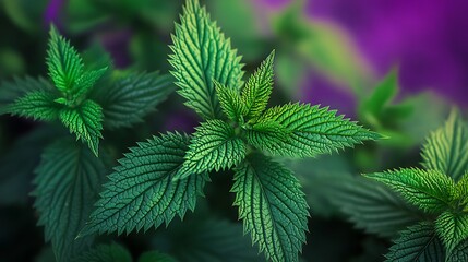 A close up overhead view of green nettle leaves showing intricate detail of their serrated edges and veined texture with a blurred purple background