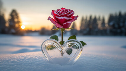Winter rose in heart-shaped ice