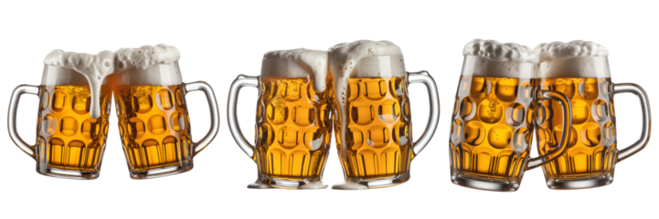 Six beer mugs with frothy tops isolated on transparent background