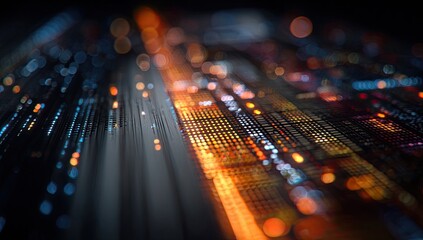 Abstract macro view of a circuit board with glowing lights and blurred highlights
