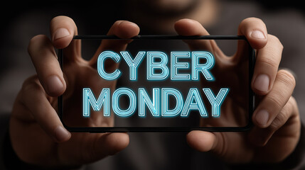 Cyber monday shopping with man hands holding smartphone showing cart and sale screens