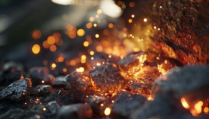 Glowing embers from a fire on dark stones, with blurred bokeh light