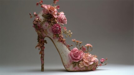 An intricately designed high-heeled shoe adorned with pink artificial flowers and golden accents,