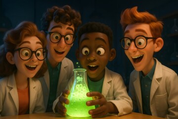 Group of excited young cartoon scientists discovering a vibrant chemical reaction, sharing a moment of wonder and teamwork