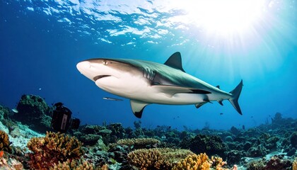 Fototapeta premium Majestic Reef Shark Swimming in Clear Blue Ocean Waters.