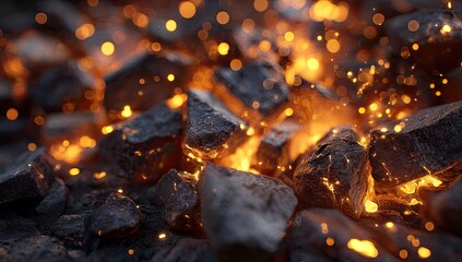 Close-up of burning embers, glowing sparks, fiery light, and dark rocks in a macro shot