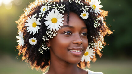 Smiling Young Girl with Floral Hair Decoration in Natural Light
