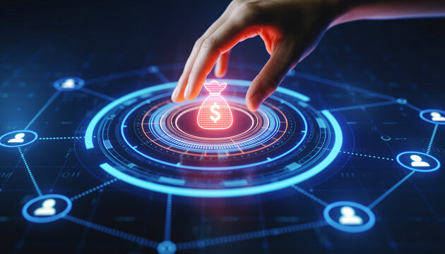 Connecting Investments: A hand interacts with an illuminated digital interface representing financial connections and wealth creation. - Powered by Adobe