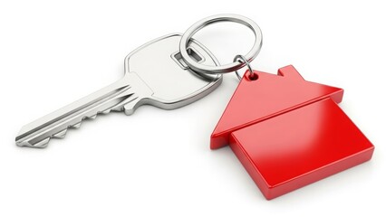 Silver House Key with Red House Keychain on White Background stock photo