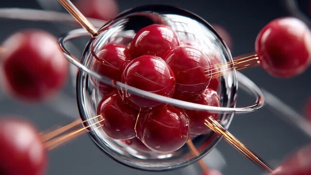 Abstract Cellular Structure: A visually striking representation of cellular structure, showcasing vibrant red spheres encapsulated within a transparent membrane, connected by intricate.