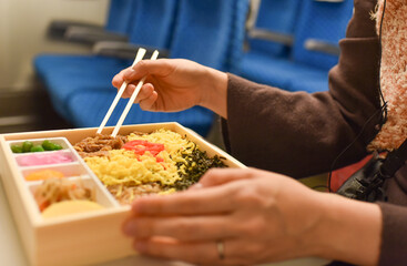 新幹線で駅弁を食べる